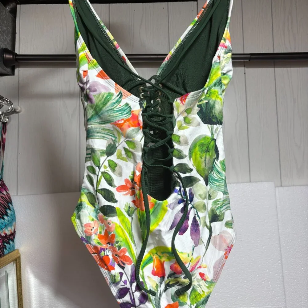 TINIBIKINI Watercolour Tropical Print & Sage Green REVERSIBLE One Piece Swimsuit - Picture 5 of 8